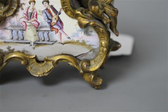 A late 19th century Austrian ormolu and enamel miniature timepiece, height 14cm